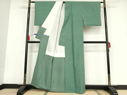 平和屋着物●上質な紬　色無地　木賊色　正絹　逸品　AAAW4215np
