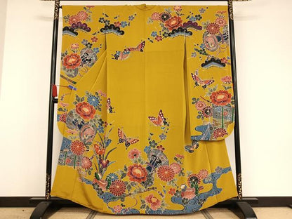 平和屋着物●紅型 振袖 鴛鴦花蝶文 鬼しぼ縮緬 正絹 逸品 AAAW4262np