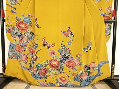 平和屋着物●紅型 振袖 鴛鴦花蝶文 鬼しぼ縮緬 正絹 逸品 AAAW4262np