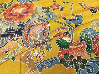 平和屋着物●紅型 振袖 鴛鴦花蝶文 鬼しぼ縮緬 正絹 逸品 AAAW4262np
