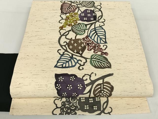 平和屋着物●紅型　全通柄九寸名古屋帯　ぜんまい紬地　葡萄蔦の葉文　正絹　逸品　AAAW4302np 平和屋着物○紅型 全通柄九寸名古屋帯 ぜんまい紬地 葡萄