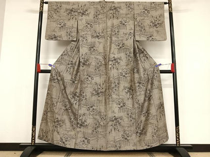 平和屋着物●小千谷紬　流水草花文　正絹　逸品　AAAW4365np
