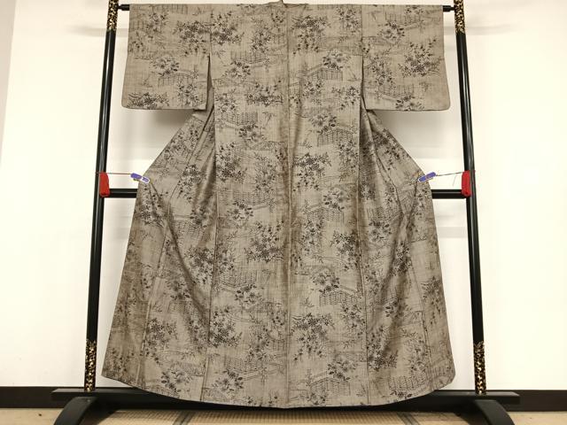 平和屋着物●小千谷紬　流水草花文　正絹　逸品　AAAW4365np