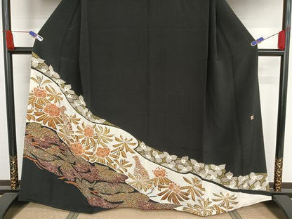平和屋着物●豪華黒留袖 友禅 作家物 草花にライチョウ 金彩 正絹 逸品 AAAW4371np