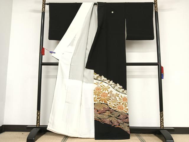 平和屋着物●豪華黒留袖 友禅 作家物 草花にライチョウ 金彩 正絹 逸品 AAAW4371np