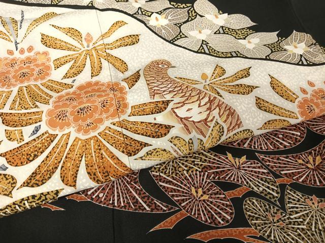 平和屋着物●豪華黒留袖 友禅 作家物 草花にライチョウ 金彩 正絹 逸品 AAAW4371np