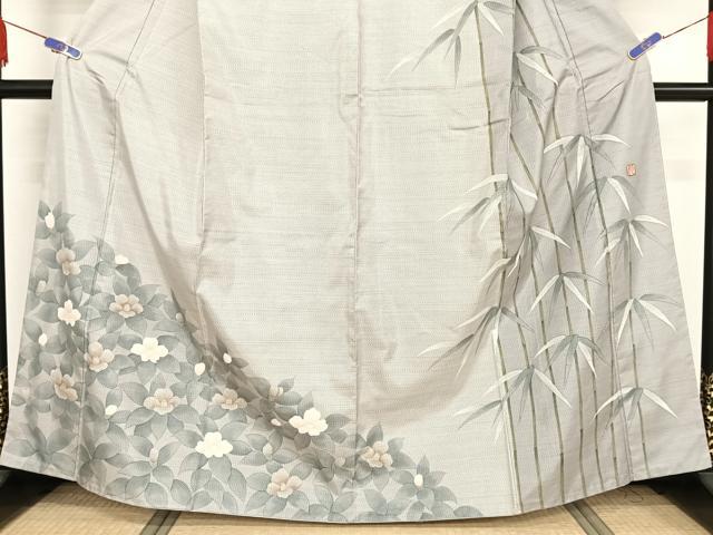 平和屋着物●本場大島紬 訪問着 手描き 白大島 笹に椿 正絹 逸品 AAAW4390np
