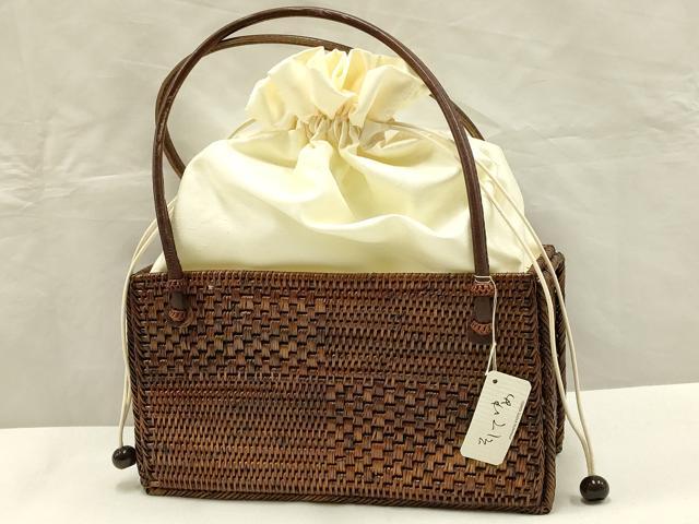 平和屋着物●和装小物　和装バッグ　ハンドバッグ　籠バッグ　アタ製品　巾着　木玉　逸品　未使用　AAAW4533ay