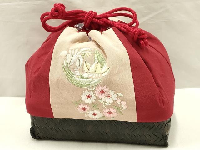 平和屋着物●和装小物 和装バッグ 信玄袋 籠 刺繍 花柄 竹 バンブー 逸品 AAAW4537ay