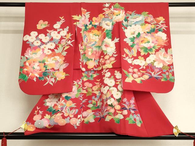 平和屋着物[]七五三　女の子　３歳　祝着　三つ身　のしめ　駒刺繍　花蝶文　金彩　正絹　逸品　AAAW6811ja