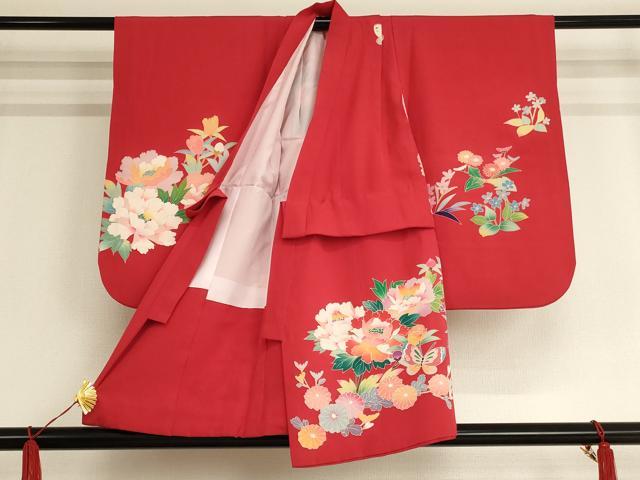 平和屋着物[]七五三　女の子　３歳　祝着　三つ身　のしめ　駒刺繍　花蝶文　金彩　正絹　逸品　AAAW6811ja