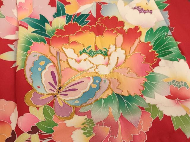 平和屋着物[]七五三　女の子　３歳　祝着　三つ身　のしめ　駒刺繍　花蝶文　金彩　正絹　逸品　AAAW6811ja