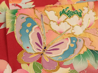 平和屋着物[]七五三　女の子　３歳　祝着　三つ身　のしめ　駒刺繍　花蝶文　金彩　正絹　逸品　AAAW6811ja