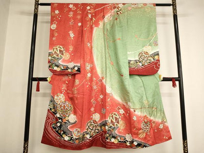 平和屋着物∵女の子 十三参り 子供 駒刺繍 流水花手毬文 暈し染め 金彩 正絹 逸品 AAAW6824ja