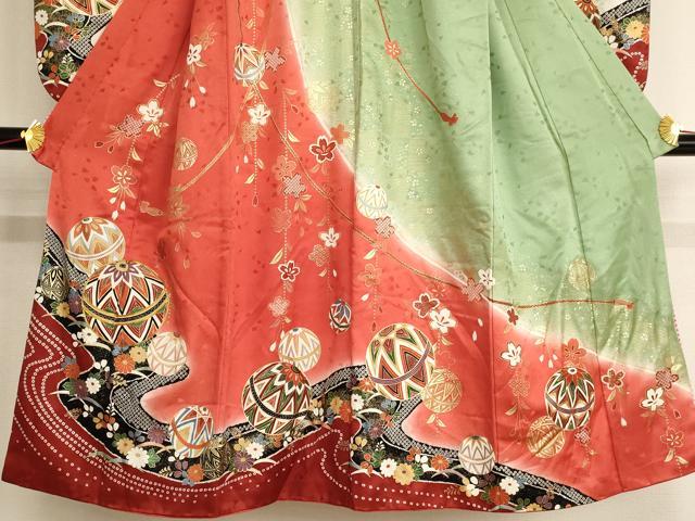平和屋着物∵女の子 十三参り 子供 駒刺繍 流水花手毬文 暈し染め 金彩 正絹 逸品 AAAW6824ja