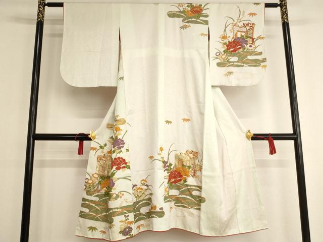 平和屋着物[]七五三　女の子　７歳　祝着　四つ身　駒刺繍　御所車花文　金彩　正絹　逸品　AAAW6862ja