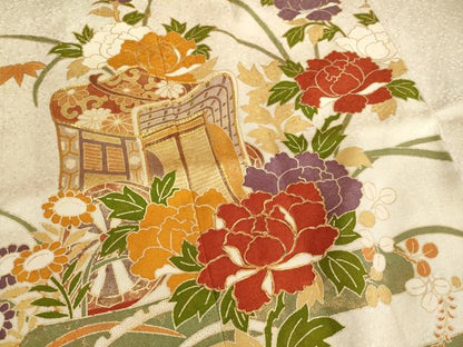平和屋着物[]七五三　女の子　７歳　祝着　四つ身　駒刺繍　御所車花文　金彩　正絹　逸品　AAAW6862ja