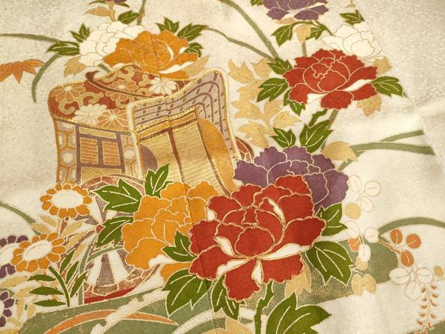 平和屋着物[]七五三　女の子　７歳　祝着　四つ身　駒刺繍　御所車花文　金彩　正絹　逸品　AAAW6862ja