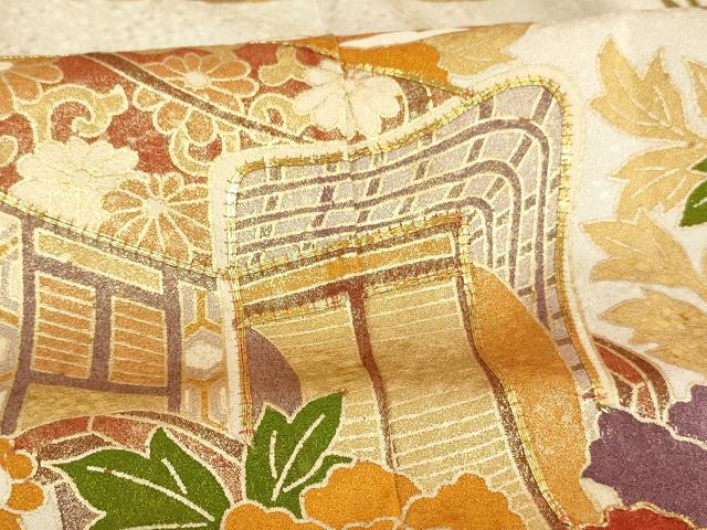 平和屋着物[]七五三　女の子　７歳　祝着　四つ身　駒刺繍　御所車花文　金彩　正絹　逸品　AAAW6862ja