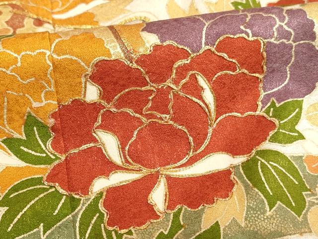 平和屋着物[]七五三　女の子　７歳　祝着　四つ身　駒刺繍　御所車花文　金彩　正絹　逸品　AAAW6862ja