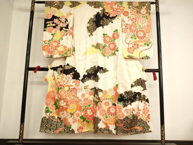 平和屋着物∵女の子 十三参り 子供 祝着 駒刺繍 飾花文 金彩 正絹 逸品 AAAW6886ja