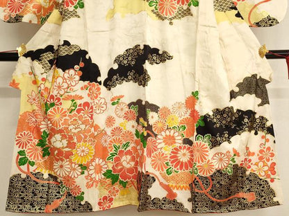 平和屋着物∵女の子 十三参り 子供 祝着 駒刺繍 飾花文 金彩 正絹 逸品 AAAW6886ja