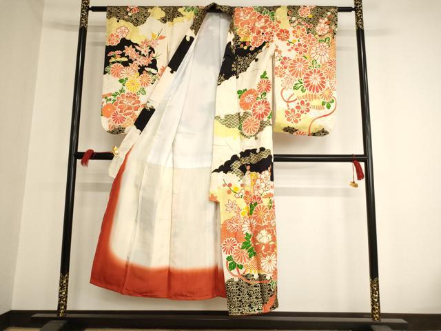 平和屋着物∵女の子 十三参り 子供 祝着 駒刺繍 飾花文 金彩 正絹 逸品 AAAW6886ja