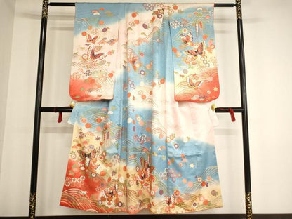 平和屋着物[]女の子　十三参り　子供　祝着　花蝶文　暈し染め　金彩　正絹　逸品　AAAW6895ja