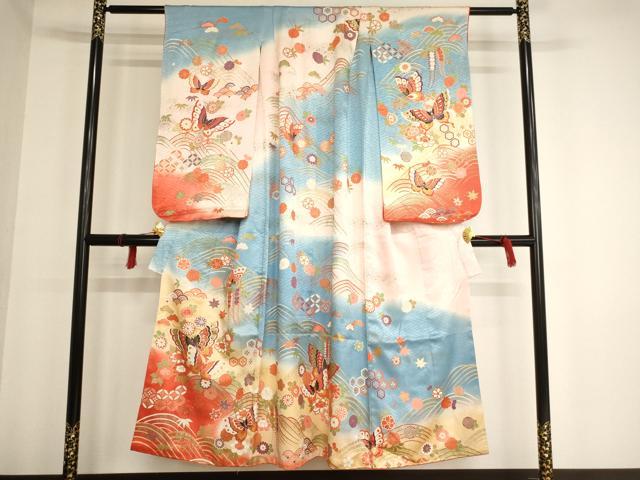 平和屋着物[]女の子　十三参り　子供　祝着　花蝶文　暈し染め　金彩　正絹　逸品　AAAW6895ja