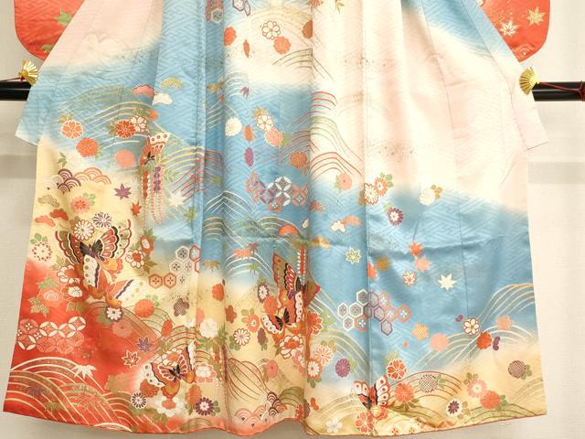 平和屋着物[]女の子　十三参り　子供　祝着　花蝶文　暈し染め　金彩　正絹　逸品　AAAW6895ja