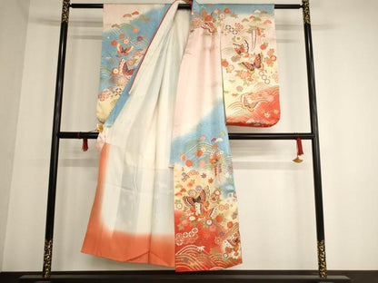 平和屋着物[]女の子　十三参り　子供　祝着　花蝶文　暈し染め　金彩　正絹　逸品　AAAW6895ja
