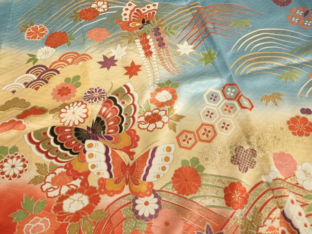 平和屋着物[]女の子　十三参り　子供　祝着　花蝶文　暈し染め　金彩　正絹　逸品　AAAW6895ja