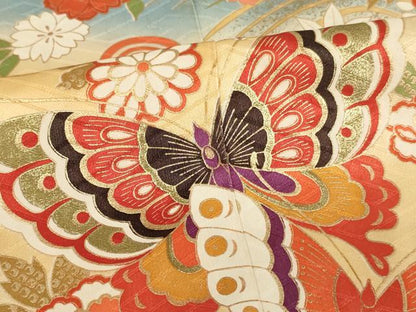 平和屋着物[]女の子　十三参り　子供　祝着　花蝶文　暈し染め　金彩　正絹　逸品　AAAW6895ja