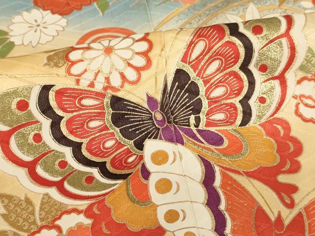 平和屋着物[]女の子　十三参り　子供　祝着　花蝶文　暈し染め　金彩　正絹　逸品　AAAW6895ja