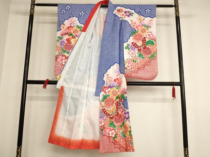 平和屋着物[]七五三　女の子　７歳　祝着　四つ身　花蝶手毬文　金彩　AAAW6926ja