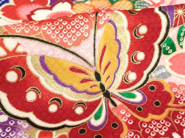 平和屋着物[]七五三　女の子　７歳　祝着　四つ身　花蝶手毬文　金彩　AAAW6926ja