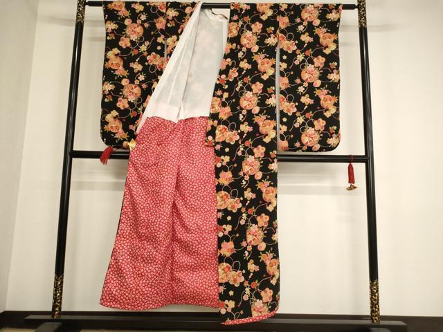 平和屋着物∵女の子 十三参り 子供 祝着・長襦袢セット 花手毬文 黒地 金彩 洗える着物 AAAW6942ja