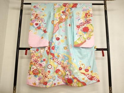 平和屋着物[]七五三　女の子　７歳　祝着　四つ身　刺繍　花手毬文　暈し染め　金糸　AAAW6968ja
