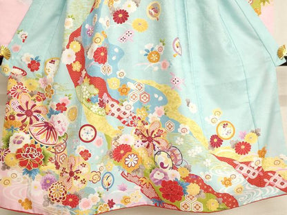 平和屋着物[]七五三　女の子　７歳　祝着　四つ身　刺繍　花手毬文　暈し染め　金糸　AAAW6968ja