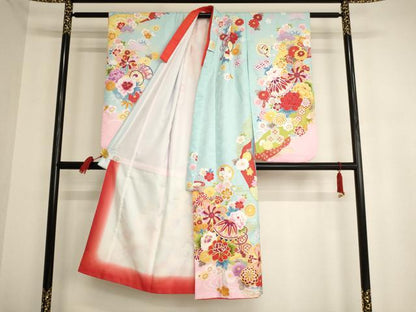 平和屋着物[]七五三　女の子　７歳　祝着　四つ身　刺繍　花手毬文　暈し染め　金糸　AAAW6968ja