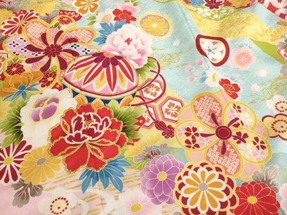 平和屋着物[]七五三　女の子　７歳　祝着　四つ身　刺繍　花手毬文　暈し染め　金糸　AAAW6968ja