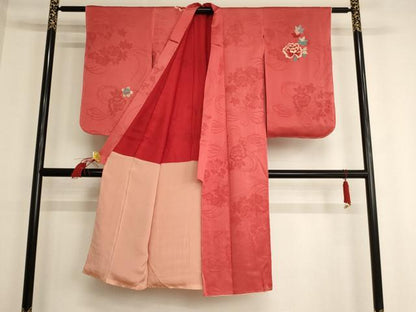 平和屋着物[]アンティーク　大正ロマン　七五三　女の子　７歳　祝着　四つ身　長襦袢セット　駒刺繍　舞花文　正絹　逸品　AAAW6970ja