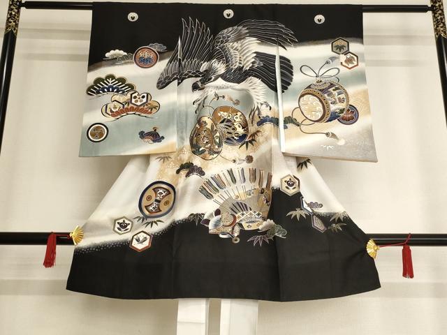 平和屋着物[]お宮参り　男の子　祝着　産着　初着　のしめ　鷹鼓文　暈し染め　金銀彩　逸品　AAAW6982ja