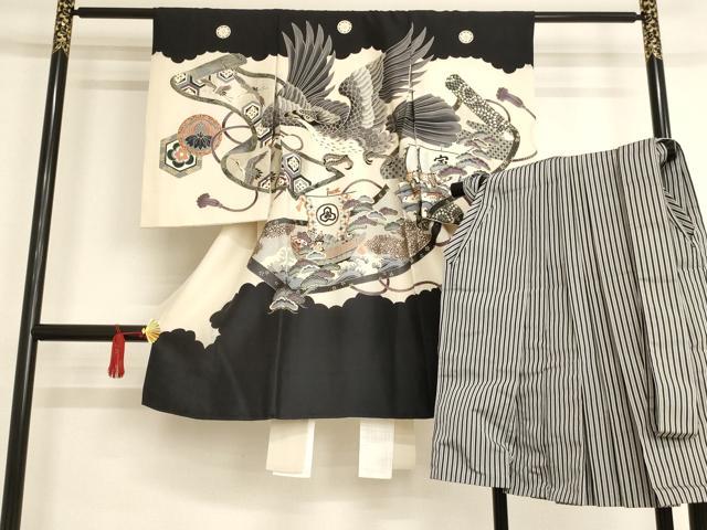 平和屋着物[]七五三　男の子　5歳　のしめ　祝着・行灯袴セット　駒刺繍　鷹絵巻文　金銀彩　逸品　AAAW6987ja
