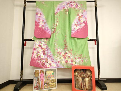 平和屋本店[]七五三　女の子　７歳　祝着　四つ身　花手毬文　秋桜　暈し染め　金彩　AAAW6992ja