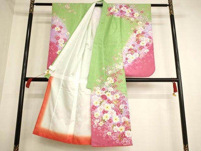 平和屋本店[]七五三　女の子　７歳　祝着　四つ身　花手毬文　秋桜　暈し染め　金彩　AAAW6992ja