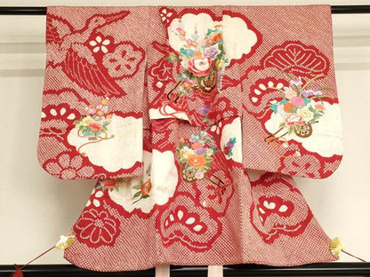 平和屋着物[]七五三　女の子　３歳　祝着　一つ身　絞り　刺繍　花車文　金糸　正絹　逸品　AAAW7011ja