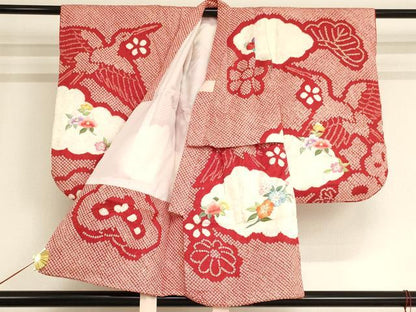 平和屋着物[]七五三　女の子　３歳　祝着　一つ身　絞り　刺繍　花車文　金糸　正絹　逸品　AAAW7011ja