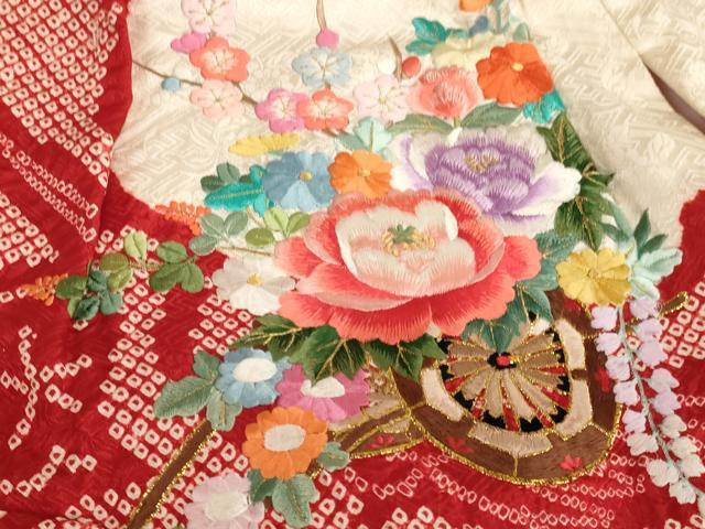 平和屋着物[]七五三　女の子　３歳　祝着　一つ身　絞り　刺繍　花車文　金糸　正絹　逸品　AAAW7011ja
