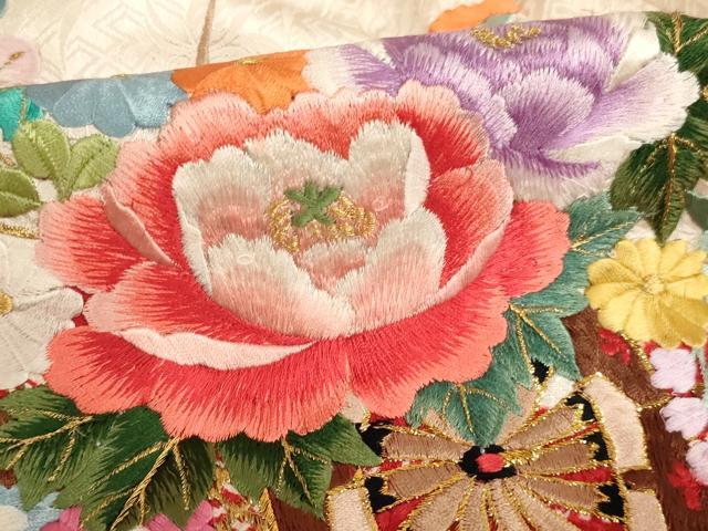 平和屋着物[]七五三　女の子　３歳　祝着　一つ身　絞り　刺繍　花車文　金糸　正絹　逸品　AAAW7011ja